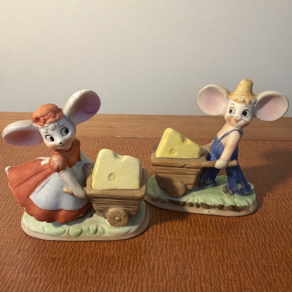Lefton Pair Of Mice Wheelbarrow Full Of Cheese Figurines MCM Japan 3"